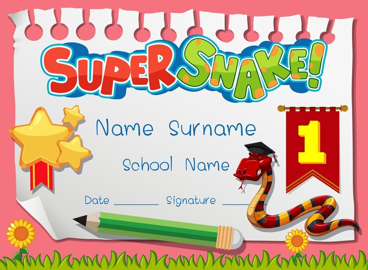 Vector gratuito plantilla de diploma o certificado para escolares con personaje de dibujos animados de super serpiente