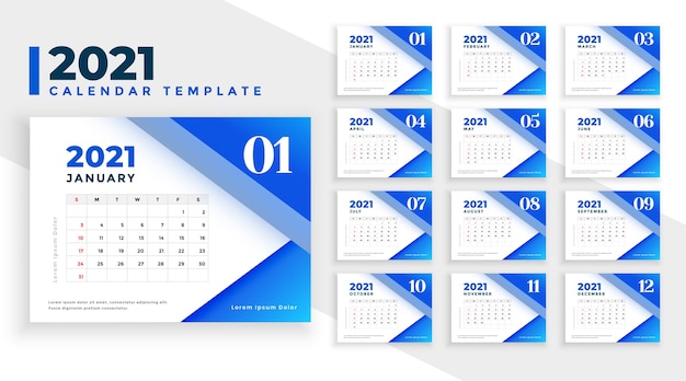 Plantilla de diseño de calendario 2021 azul moderno con formas geométricas