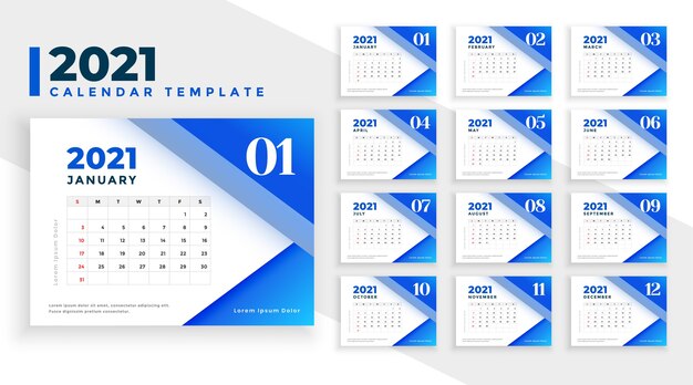 Plantilla de diseño de calendario 2021 azul moderno con formas geométricas