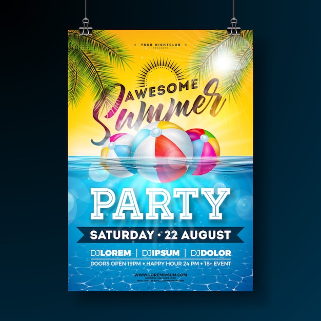 Plantilla de diseño de cartel de fiesta de piscina de verano con hojas de palma y pelota de playa sobre fondo azul océano submarino. Ilustración de vacaciones para pancarta, folleto, invitación, póster.