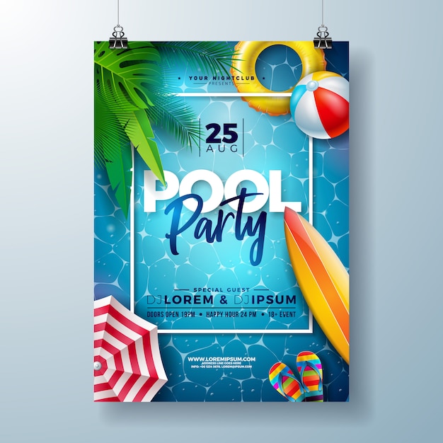 Plantilla de diseño de cartel de fiesta en la piscina de verano con hojas de palmera y pelota de playa