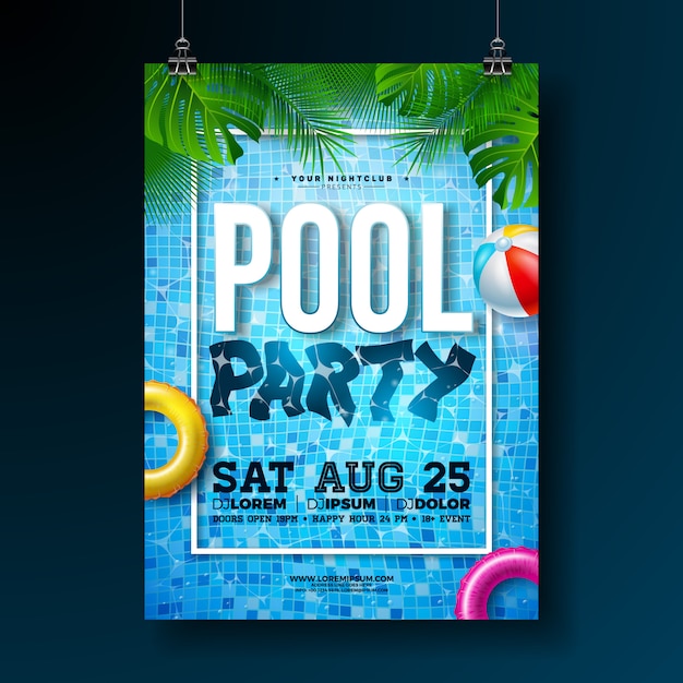 Plantilla de diseño de cartel o flyer de fiesta en la piscina de verano con hojas de palmera y pelota de playa