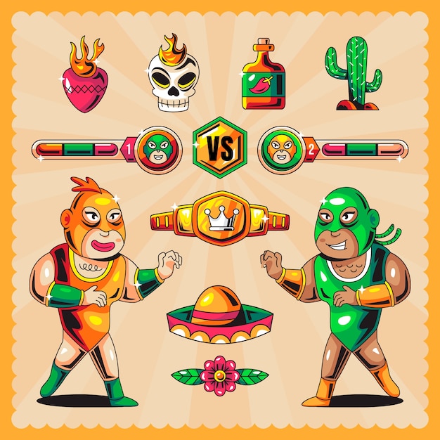 Plantilla de diseño de colección de elementos de luchador mexicano