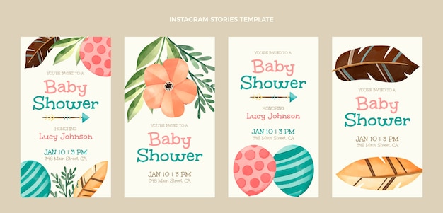 Vector gratuito plantilla de diseño de historias de instagram de baby shower en acuarela