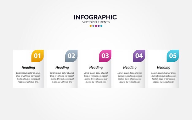Plantilla de diseño infográfico horizontal con 5 opciones o pasos