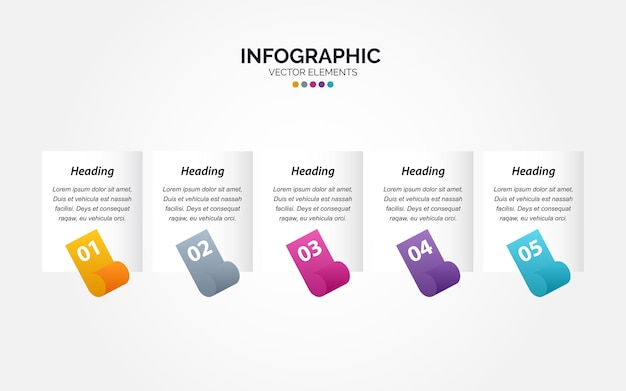 Plantilla de diseño infográfico horizontal con 5 opciones o pasos