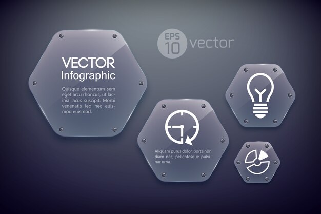 Plantilla de diseño infográfico con iconos de negocios y hexágonos brillantes de vidrio