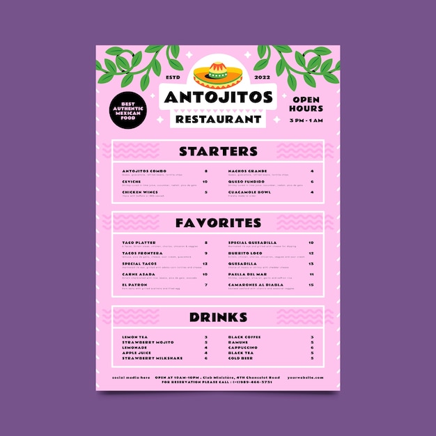 Plantilla de diseño de menú de antojitos dibujados a mano