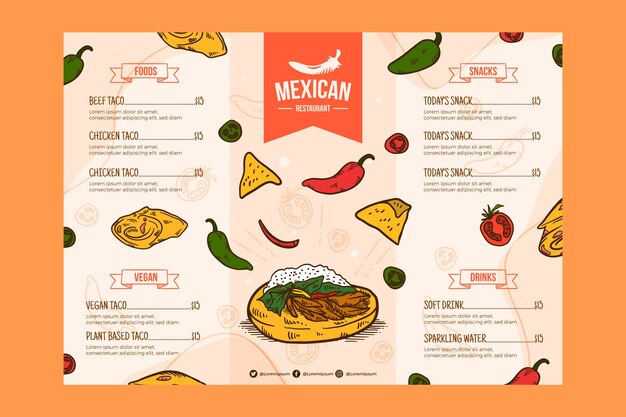 Plantilla de diseño de menú de antojitos dibujados a mano