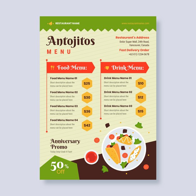 Plantilla de diseño de menú de antojitos de diseño plano