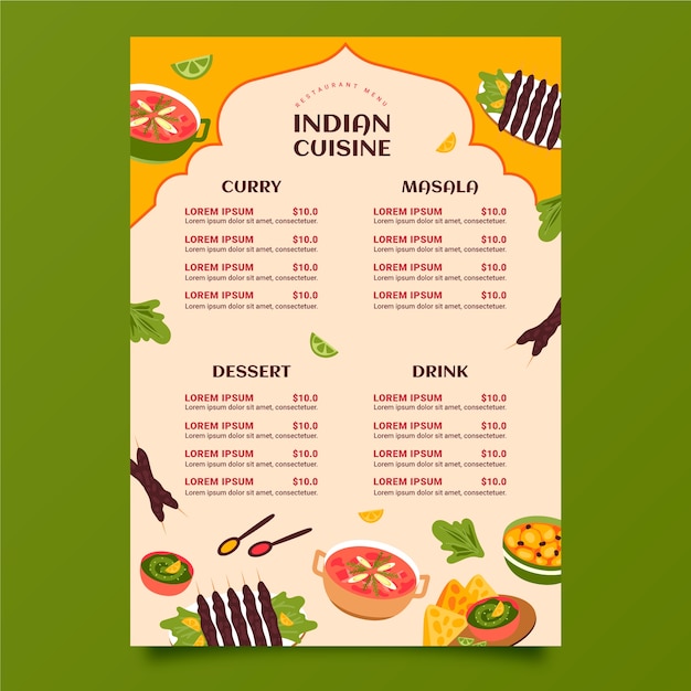 Plantilla de diseño de menú indio dibujado a mano