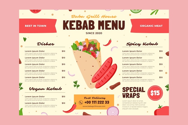 Plantilla de diseño de menú de kebab