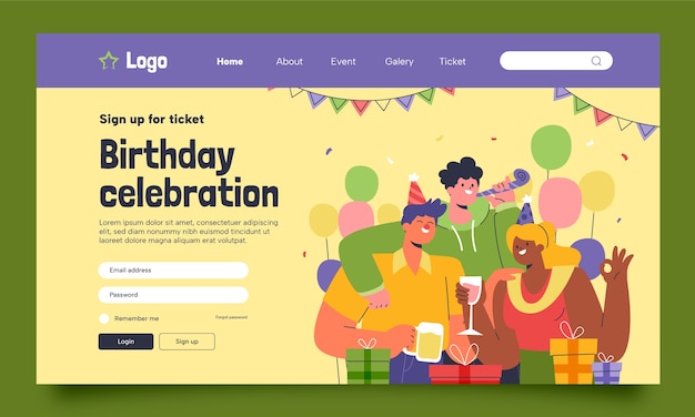 Plantilla de diseño de página de destino de cumpleaños
