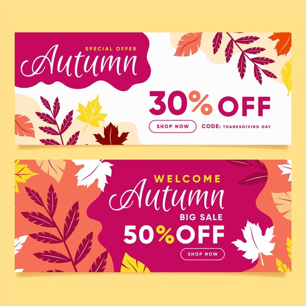 Plantilla de diseño plano venta otoño banners web