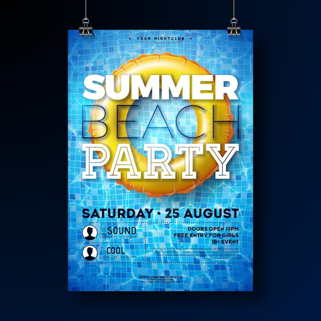 Vector gratuito plantilla de diseño de póster de fiesta en la playa de verano con flotador en el agua en el fondo de la piscina de azulejos