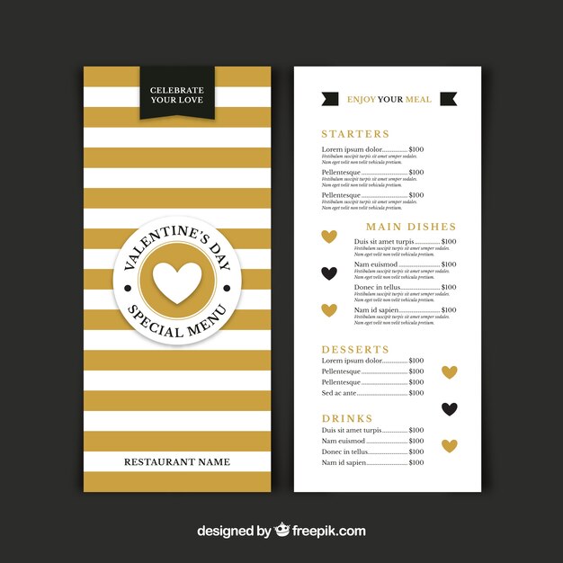 Plantilla dorada y blanca de menú de san valentin