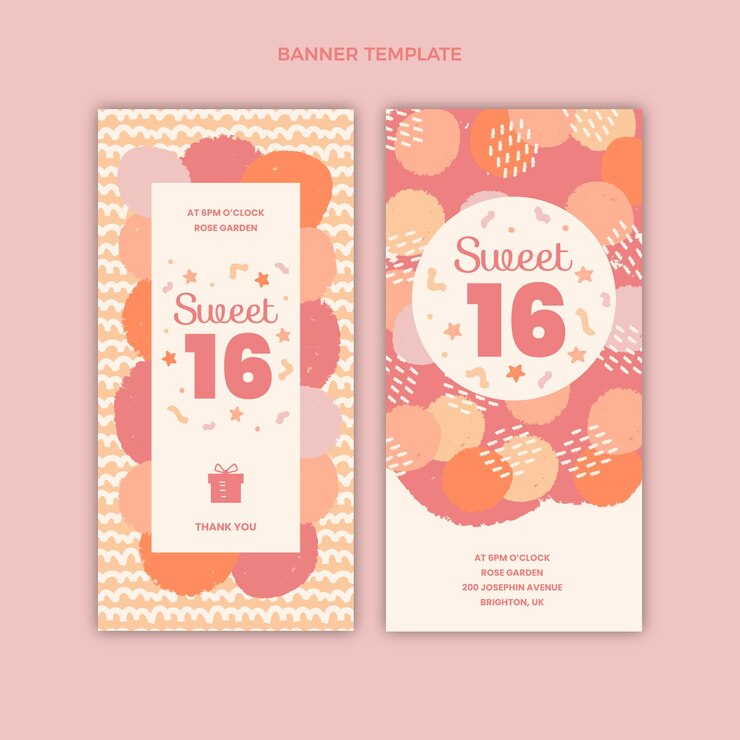 Vector gratuito plantilla de dulce 16 de diseño plano dibujado a mano