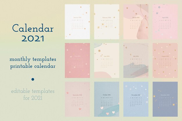 Plantilla editable de calendario 2021 con fondo de acuarela abstracta