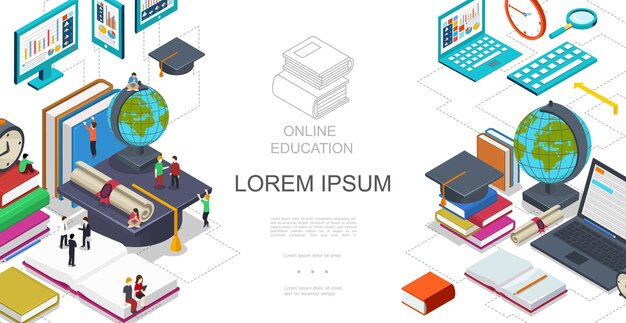 Plantilla de educación en línea isométrica con estudiantes sentados y de pie en libros globo portátil tableta lupa certificado graduación gorra ilustración