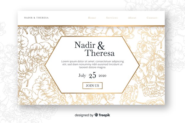 Plantilla elegante dibujada de landing page de boda