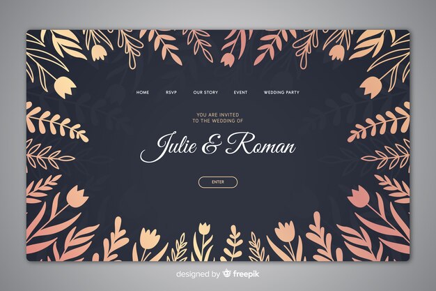 Plantilla elegante dibujada de landing page de boda