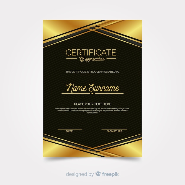 Vector gratuito plantilla elegante de diploma con elementos dorados