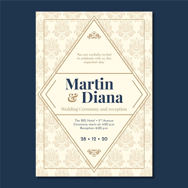 Plantilla elegante de la invitación de la boda del damasco