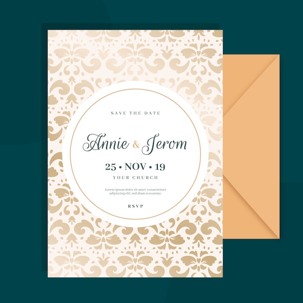 Plantilla elegante de la invitación de la boda del damasco