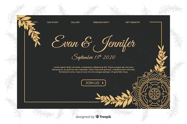 Plantilla elegante de landing page dorada de boda