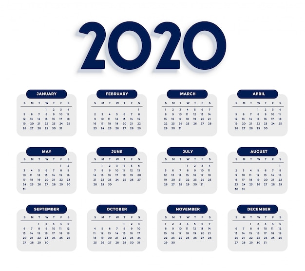 Vector gratuito plantilla elegante y limpia del calendario 2020