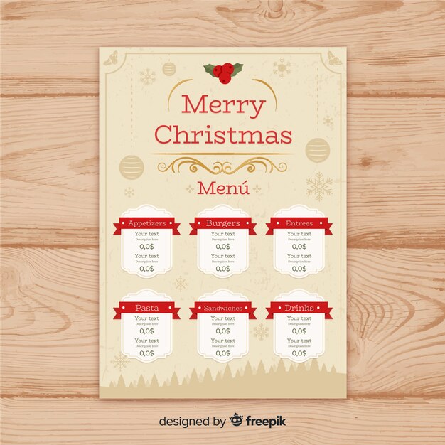 Plantilla elegante de menú de navidad con estilo vintage