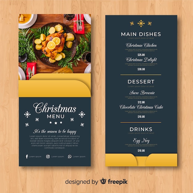 Plantilla elegante de menú de navidad con foto