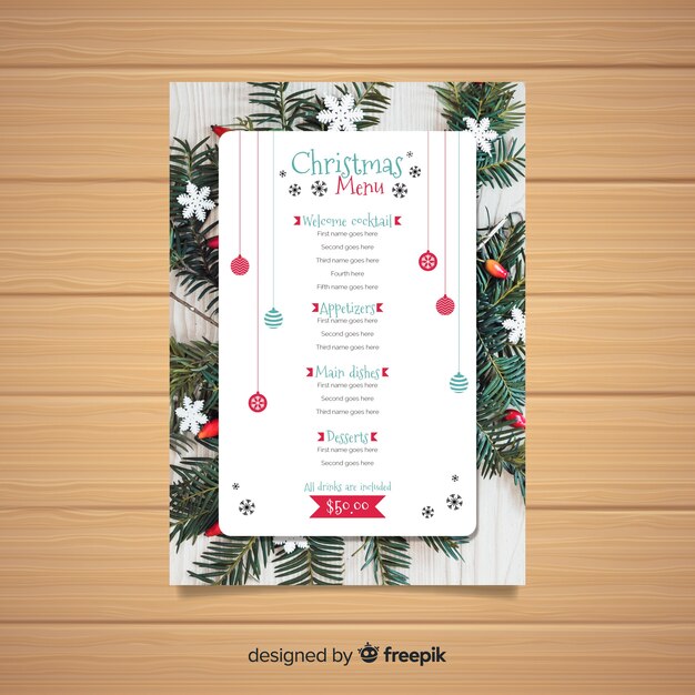 Plantilla elegante de menú de navidad con foto