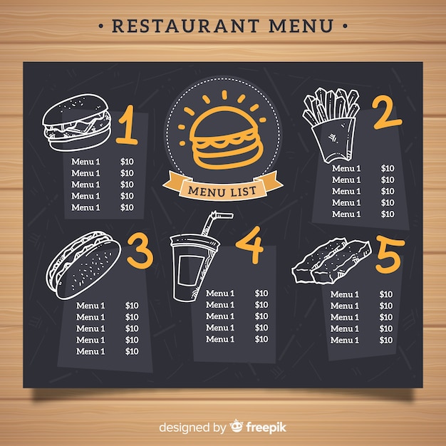 Vector gratuito plantilla elegante de menú de restaurante con estilo de pizarra