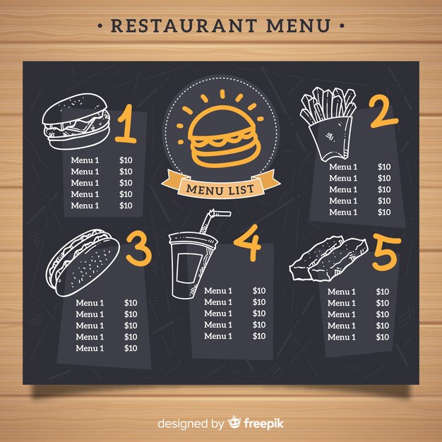 Plantilla elegante de menú de restaurante con estilo de pizarra