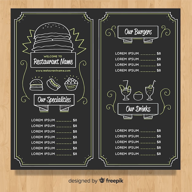Plantilla elegante de menú de restaurante con estilo de pizarra