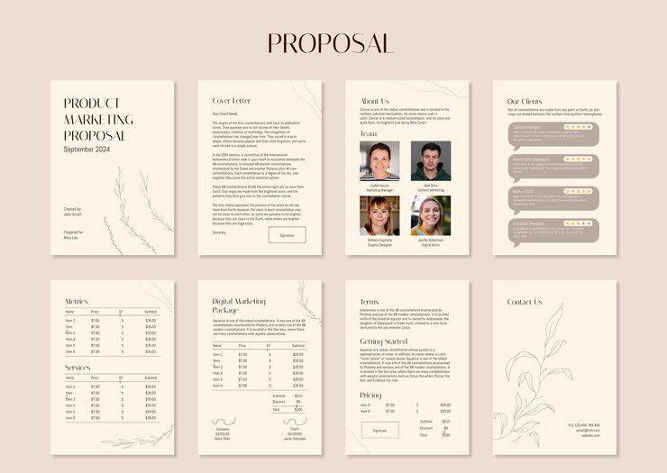 Vector gratuito plantilla elegante de propuesta de marketing de producto
