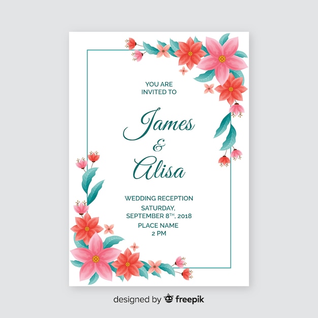 Plantilla elegante de tarjeta de boda con flores realistas