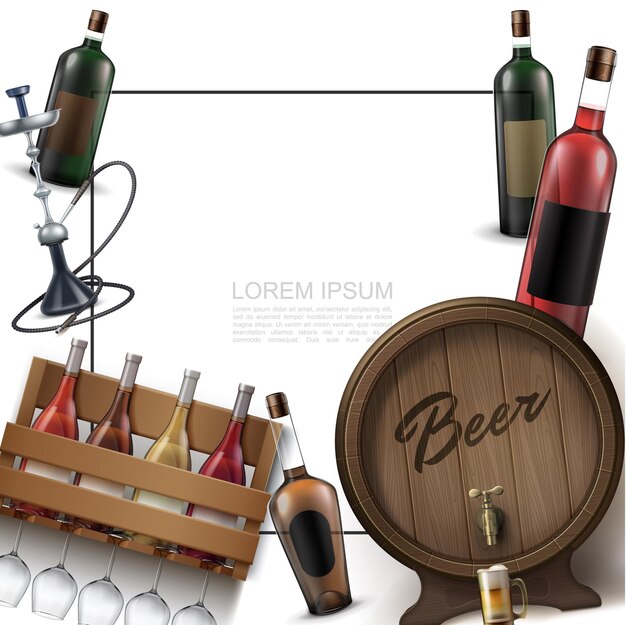 Plantilla de elementos de barra realista con marco para texto botellas de vino vasos cachimba barril de cerveza de madera