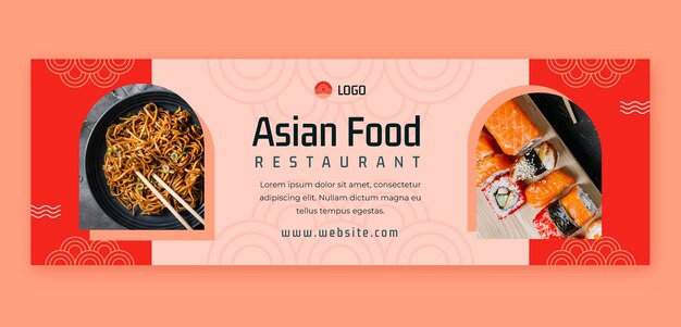 Plantilla de encabezado de twitter de comida asiática de diseño plano