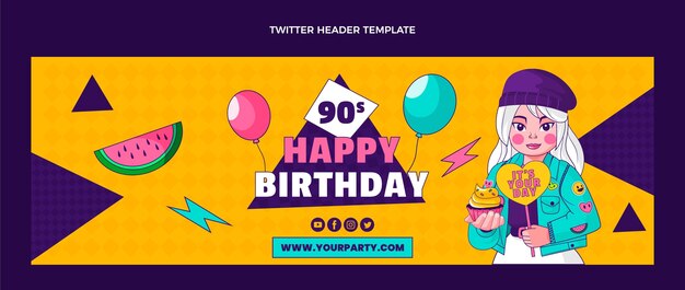 Plantilla de encabezado de twitter de cumpleaños de los 90 dibujados a mano