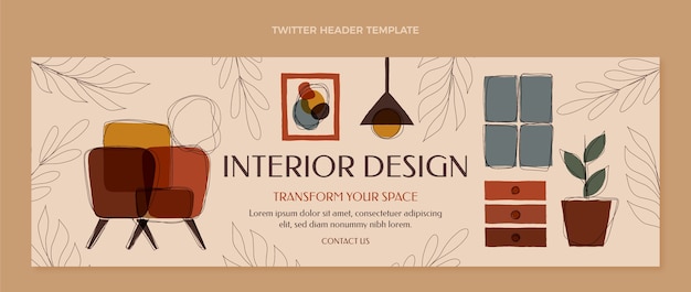 Plantilla de encabezado de twitter de diseño de interiores de diseño plano