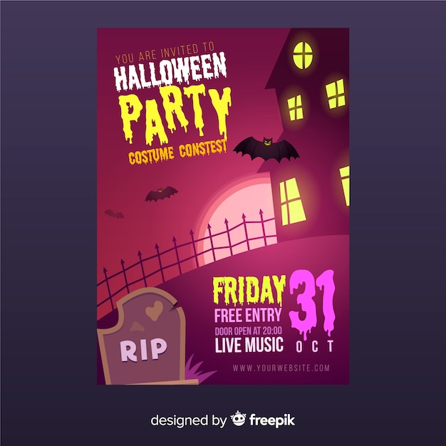 Plantilla espeluznante de póster de fiesta de halloween con diseño plano