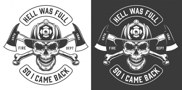 Plantilla de estampados de bombero monocromo con inscripciones calavera en casco de bombero en la ilustración de estilo vintage