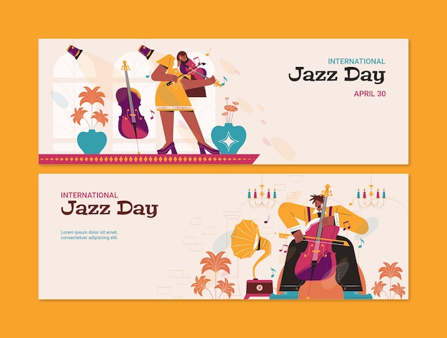 Plantilla de estandarte horizontal del día del jazz en el mundo plano