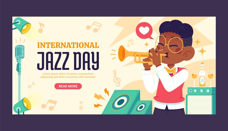 Vector gratuito plantilla de estandarte horizontal del día del jazz en el mundo plano