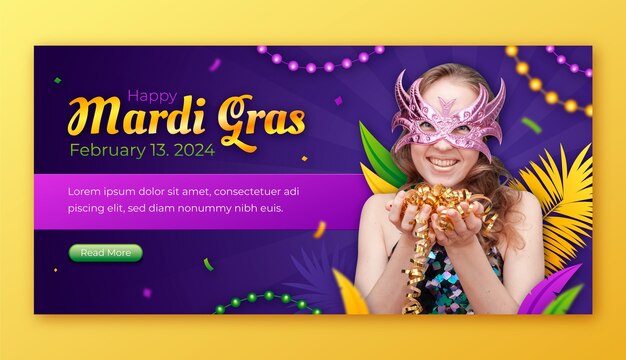 plantilla de estandarte horizontal del festival de Mardi Gras con gradiente