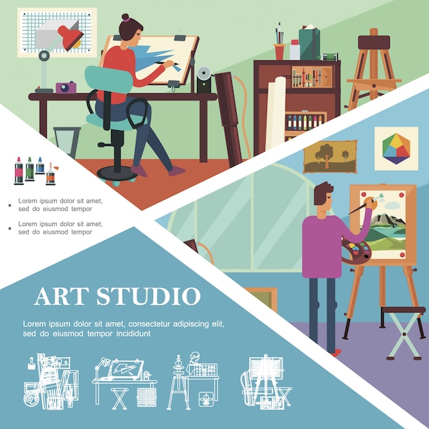 Vector gratuito plantilla de estudio de arte plana con lugares de trabajo y equipos profesionales de artistas y diseñadores gráficos.