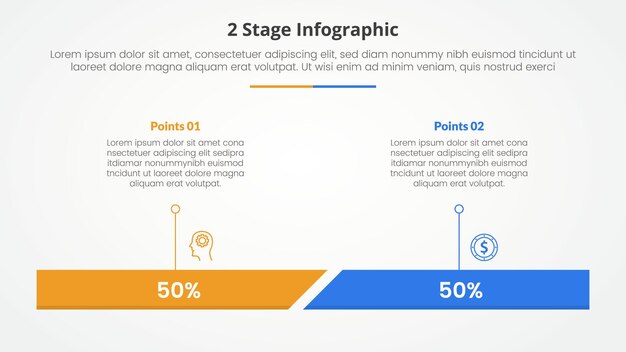 plantilla de etapa de 2 puntos para la comparación opuesto concepto infográfico para la presentación de diapositivas con barra horizontal porcentual con estilo plano