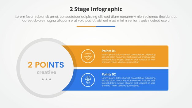 plantilla de etapa de 2 puntos para la comparación opuesto concepto infográfico para la presentación de diapositivas con círculo grande y rectángulo afilado con estilo plano